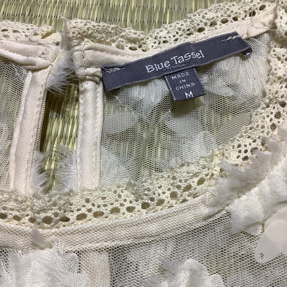 Anthropologie Blue Tassel Sleeveless Cream Top with Disk Sequins - Picture 2 of 8